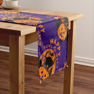 Chemin De Table Court Chat Noir éffrayant Yowl-O-Ween Sur Une Lanterne J