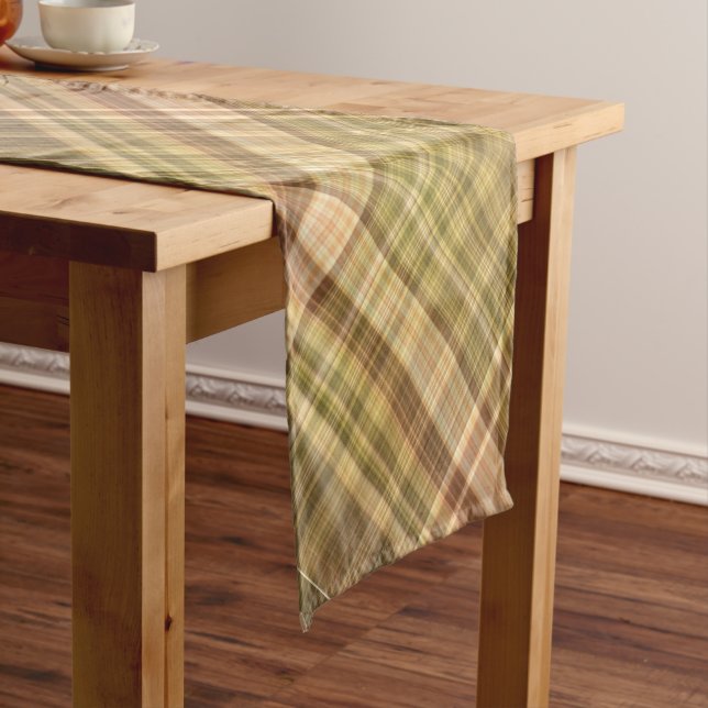 Chemin De Table Court Chêne rustique marron et carreaux olive (In Situ)
