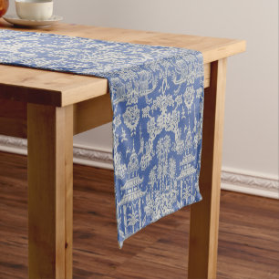 Chemin De Table Court Chinoiserie bleu et blanc Floral Moderne Dîner