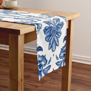 Chemin De Table Court Chinoiserie Florale Bleue sur Fond Blanc Aquarelle
