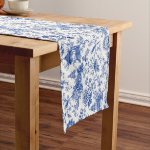Chemin De Table Court Chinoiserie Pagode Vintage Florale Bleu et Blanc