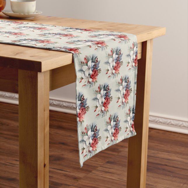 Chemin De Table Court Christmas White Red Flowers Holidays Elegant (In Situ)