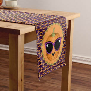 Chemin De Table Court Citrouille avec Cool Retro Chat Lunettes de soleil