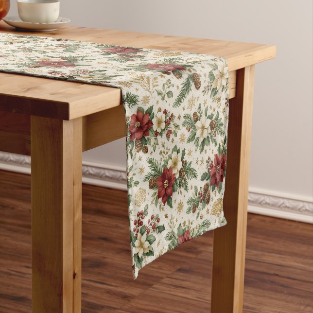 Chemin De Table Court Classic Poinsettia Pine Christmas Botanical  (In Situ)
