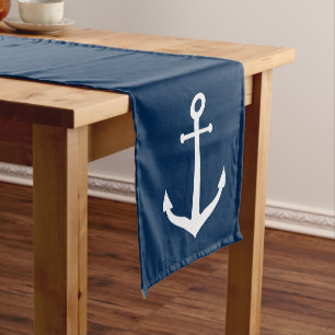 Chemin De Table Court Classique Ancre Nautione Bleu Marine et Blanc
