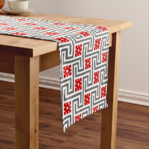 Chemin De Table Court Clé de Deco, rouge, blanc grecs et gris/gris