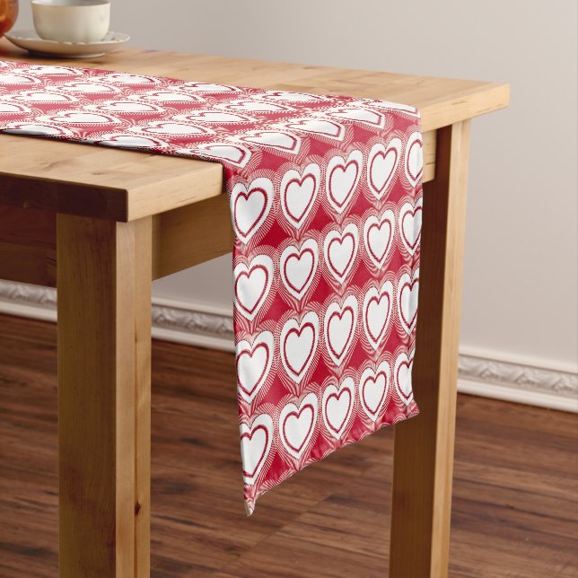 Chemin De Table Court Coeurs Abstraits modernes - Rouge et Blanc (In Situ)