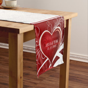 Chemin De Table Court Coeurs rouges Damas blancs