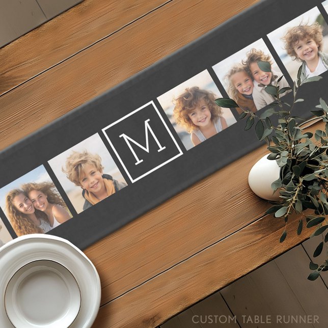 Chemin De Table Court Collage photo noir et blanc Monogramme personnalis (Custom Table Runner)