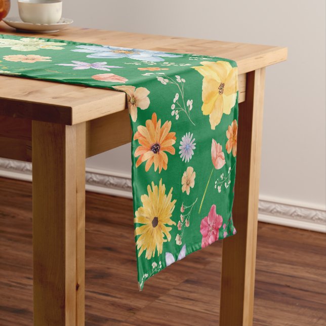 Chemin De Table Court Couleur Vert Foncé Avec Dessins De Fleurs  (In Situ)