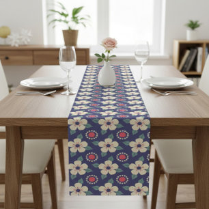Chemin De Table Court Coureur de table bleu marine avec fleurs de crème