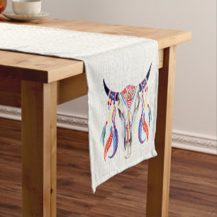 Chemin De Table Court Crâne et plumes Tribal Blanches