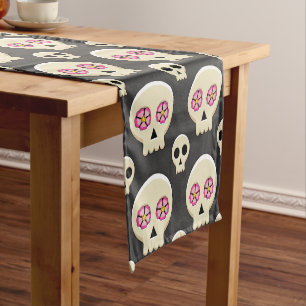 Chemin De Table Court Crâne goth kawaii mignon effrayant avec motif fleu