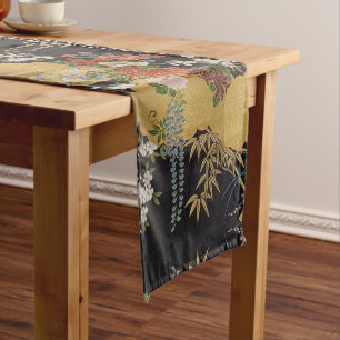 Chemin De Table Court Cuisine florale en or et en noir japonais Kimono