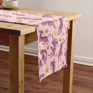 Chemin De Table Court Cute Pink Tigers Tropical Leaves Abstract Animal