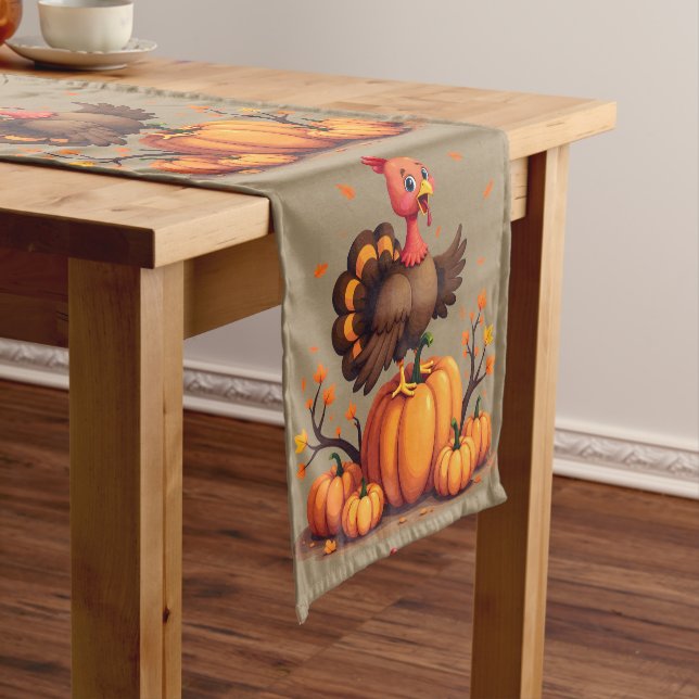 Chemin De Table Court Cute Thanksgiving Turkey Autumn Pumpkins Scene (In Situ)