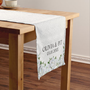 Chemin De Table Court Damas Blanches Et Roses- Enregistrer La Date