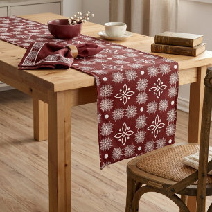 Chemin De Table Court Damassé floral élégant flocon de neige en bordeaux