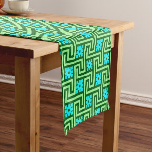 Chemin De Table Court Déco clé grecque, turquoise et Jade vert