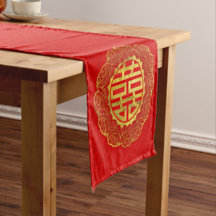 Chemin De Table Court Double symbole de bonheur d'or dans le cadre de
