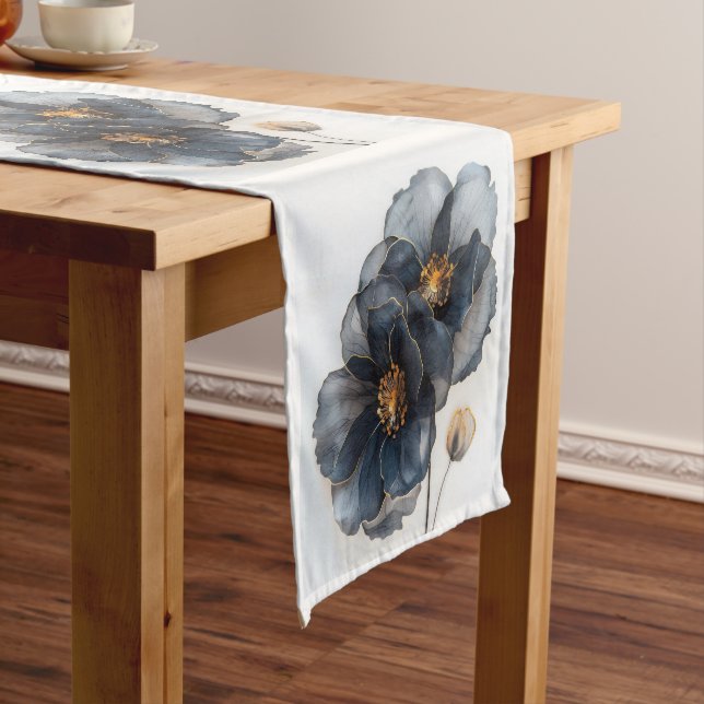 Chemin De Table Court Doux aquarelle noir et or fleurs (In Situ)