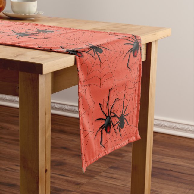 Chemin De Table Court Éffrayant Spider et Web Orange Halloween (In Situ)