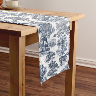 Chemin De Table Court Elégant Bleu Blanc Rustique Horses Toile