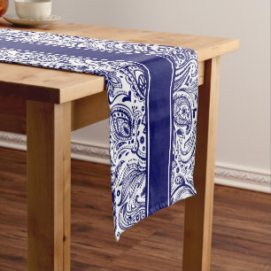 Chemin De Table Court Elégant bleu et blanc floral Paisley & Stripes