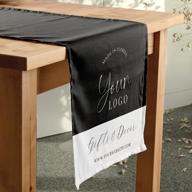 Chemin De Table Court Elegant Company Logo Branded Trade Show Black (Elegant business logo table runner in black and white featuring elegant calligraphy script)