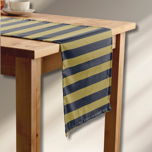 Chemin De Table Court Elégant Gold & Navy Blue Vertical Stripes (Créateur téléchargé)