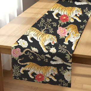 Chemin De Table Court Élégant motif de chinoiserie noir avec tigre et pi