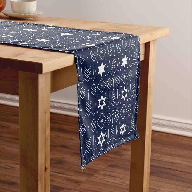 Chemin De Table Court Élégant Noël scandinave bleu blanc (In Situ)