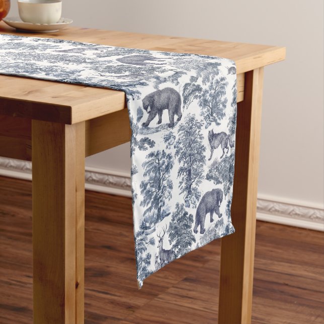 Chemin De Table Court Élégant Rustique Blue Forest Animaux Toile (In Situ)