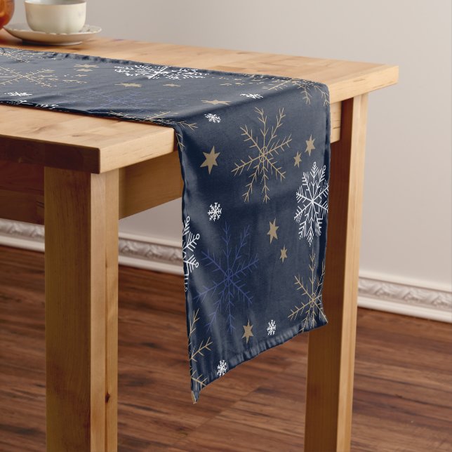 Chemin De Table Court Elegant Snowflake Pattern Dark Blue (In Situ)
