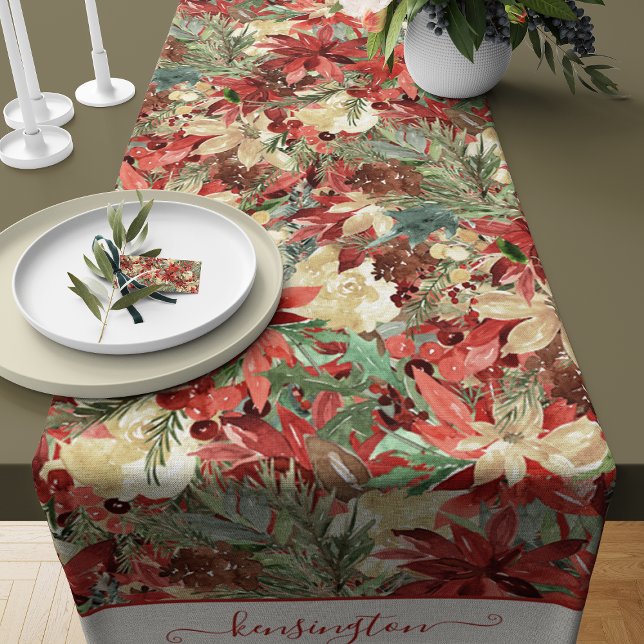 Chemin De Table Court Élégant vacances Poinsettia Noël Floral (Elegant Holiday Poinsettia Christmas Floral Short Table Runner)