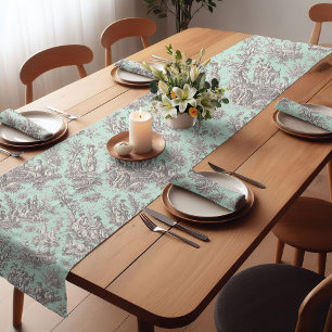 Chemin De Table Court Élégant vintage menthe gris toile d jouy imprimé