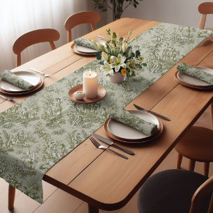 Chemin De Table Court Élégant vintage vert olive toile de jouy imprimé