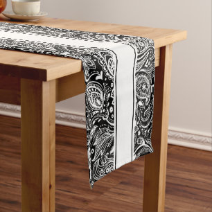 Chemin De Table Court Elégant Whit Et Black Floral Paisley & Stripes