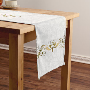 Chemin De Table Court Elégante dentelle d'or floral avec Damas blancs 2