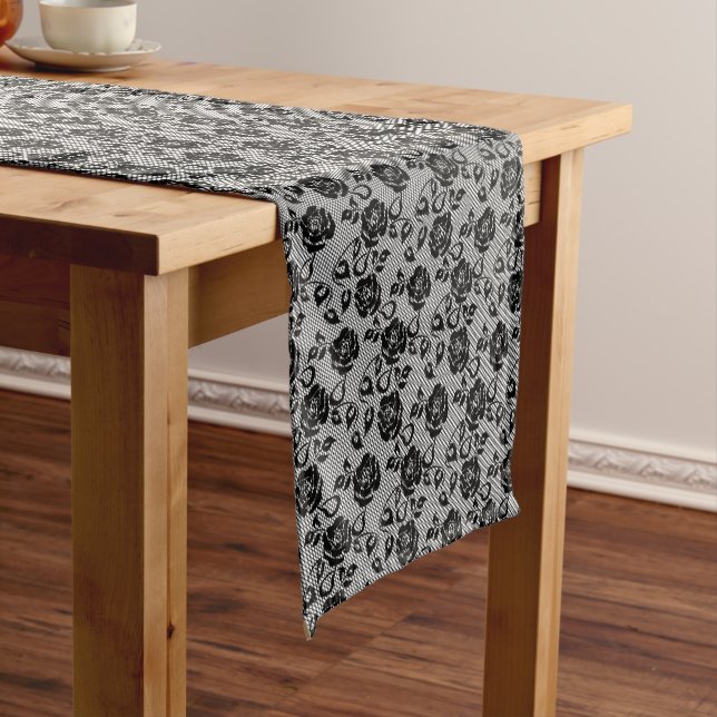 Chemin De Table Court Faux Black Lace Rose Fishnet Table Runner (In Situ)