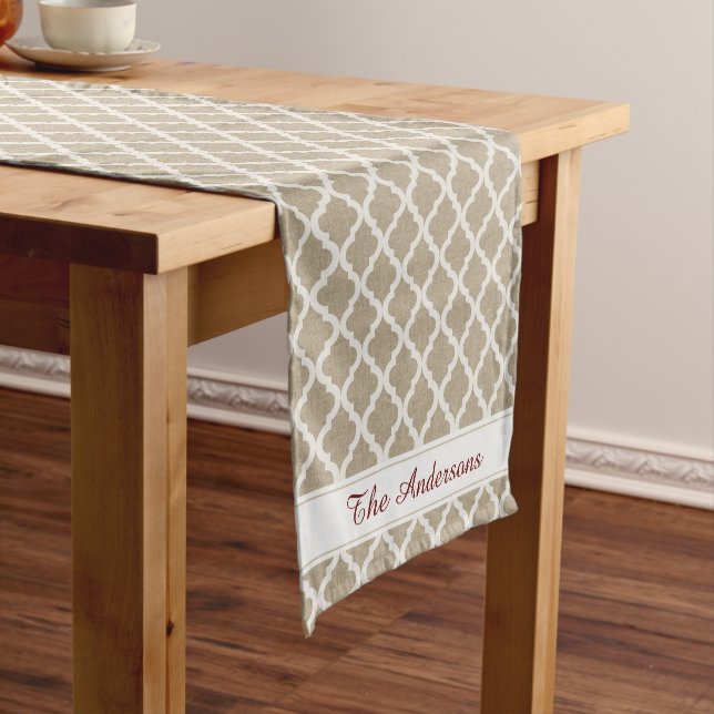 Chemin De Table Court Faux Burlap rustique et Quatrefoil Marocain blanc (In Situ)