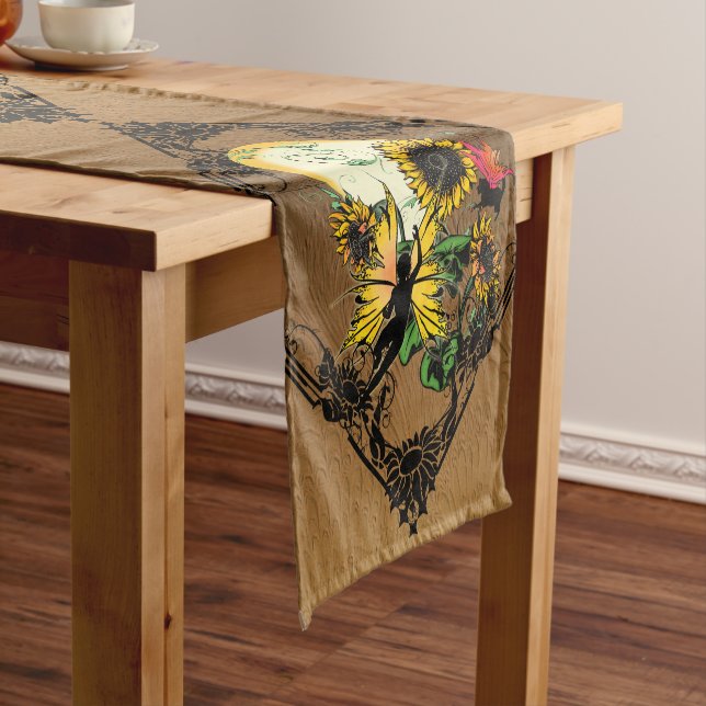 Chemin De Table Court Fée de tournesol et chat cosmique (In Situ)