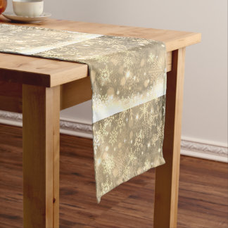 Chemin De Table Court Festive Gold Sparkle Snowflakes avec neige