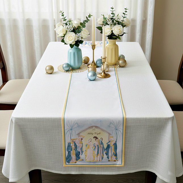 Chemin De Table Court Fête de la nativité or et bleu  (Créateur téléchargé)