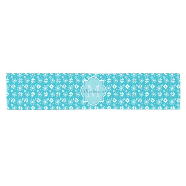Chemin De Table Court Fille Monogramme Turquoise Daisy Fleurs Avec Nom (Horizontal)