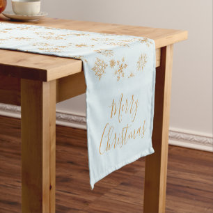 Chemin De Table Court Flèche de neige en or sur Motif de Noël bleu givré