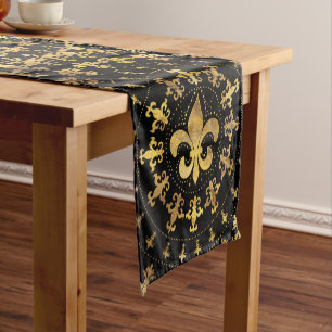 Chemin De Table Court Fleur de lis - décoration circulaire - Or et noir