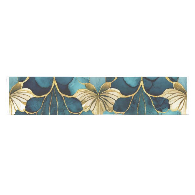 Chemin De Table Court Fleur Japonaise Sarcelle Or (Horizontal)