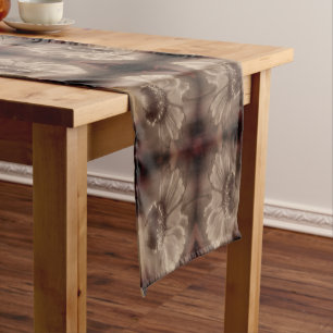 Chemin De Table Court Fleur Zinnia Daisy Soft En Sepia Vintage Abstrait
