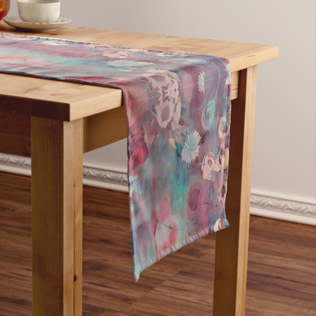 Chemin De Table Court Fleurs abstraites bleues et roses (In Situ)